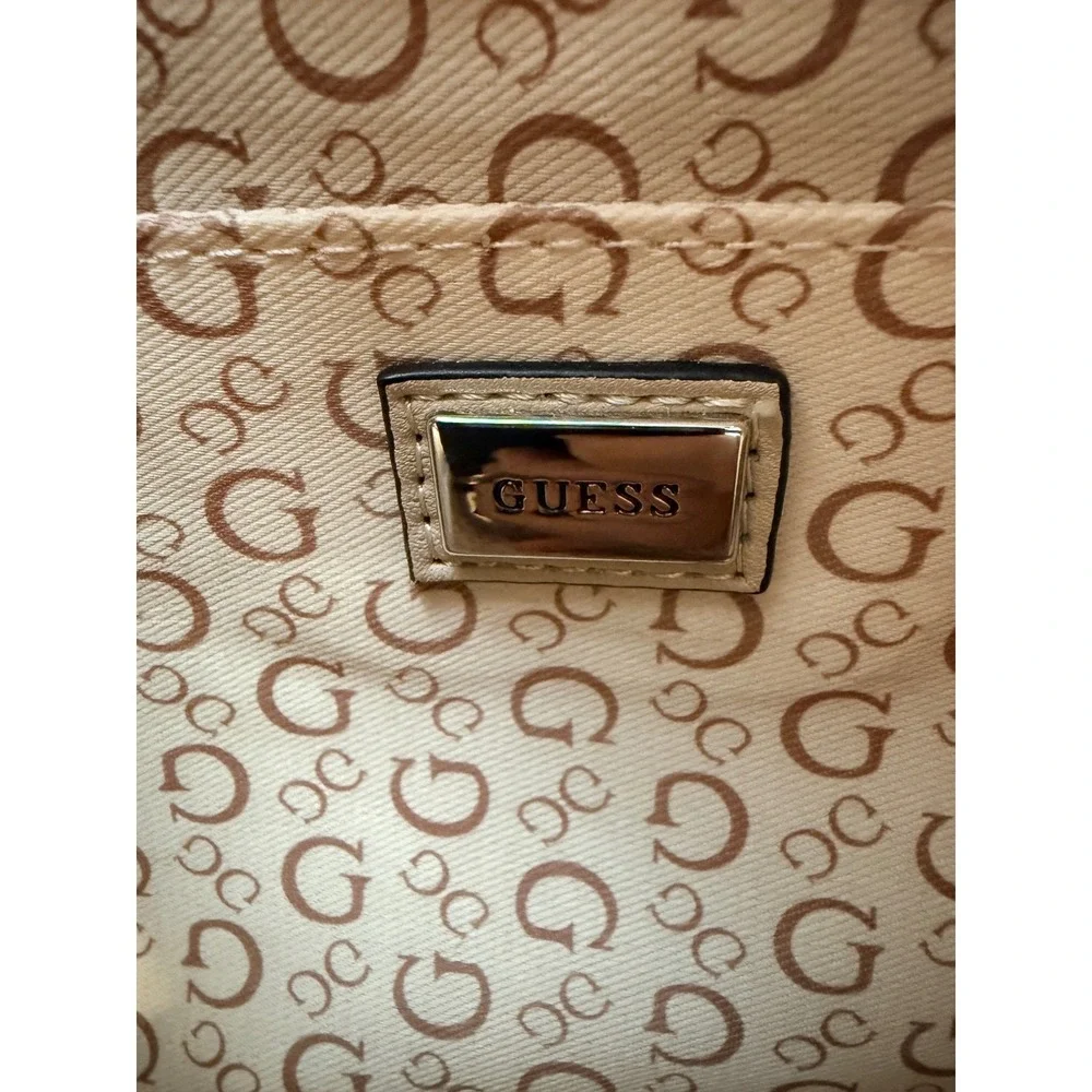 GUESS Tote Bag Womens Large Cream Tan Good Monogram Logo Print Shoulder Bag